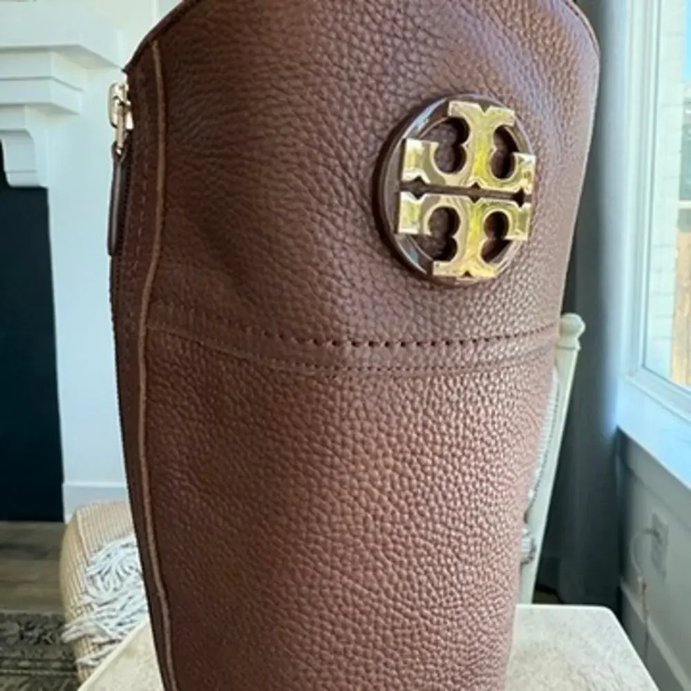 TORY BURCH Riding Boots Brown Leather Zip‎ Knee High Logo Buckle Women 7M